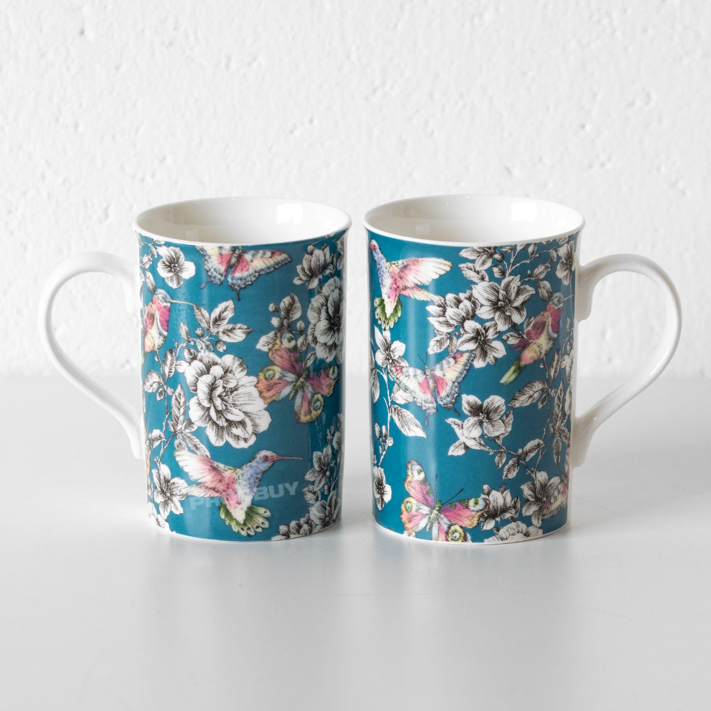 Set of 2 Teal Blue Floral Bird Coffee Mugs
