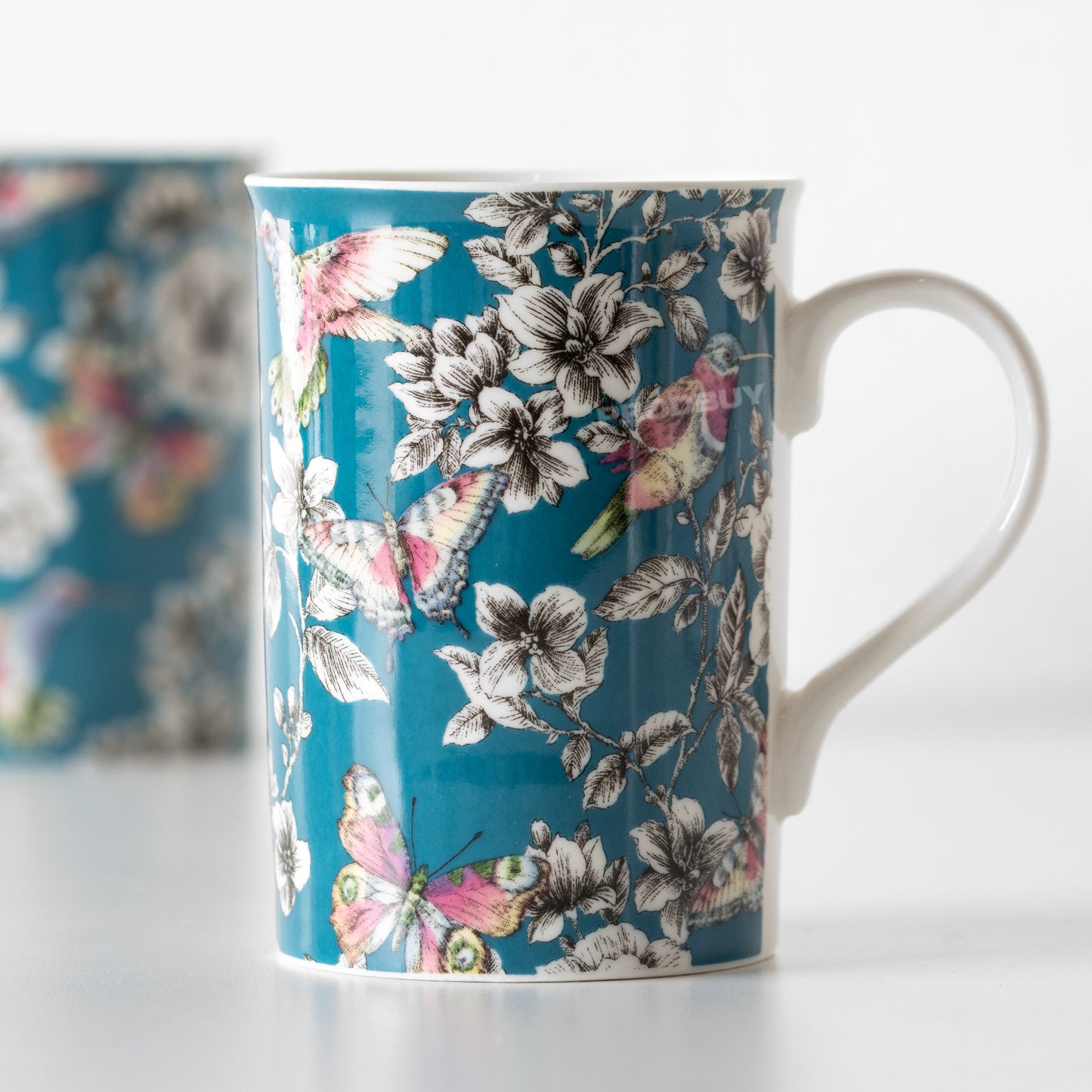 Set of 2 Teal Blue Floral Bird Coffee Mugs
