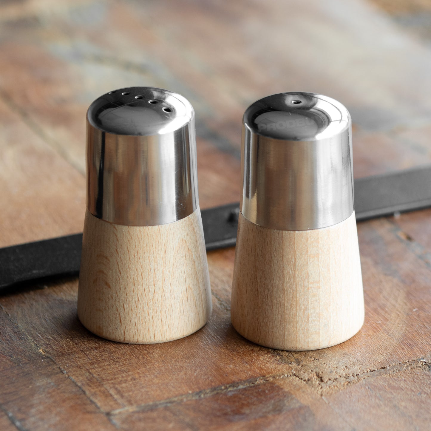 Small Wooden Metal Salt & Pepper Pots Set