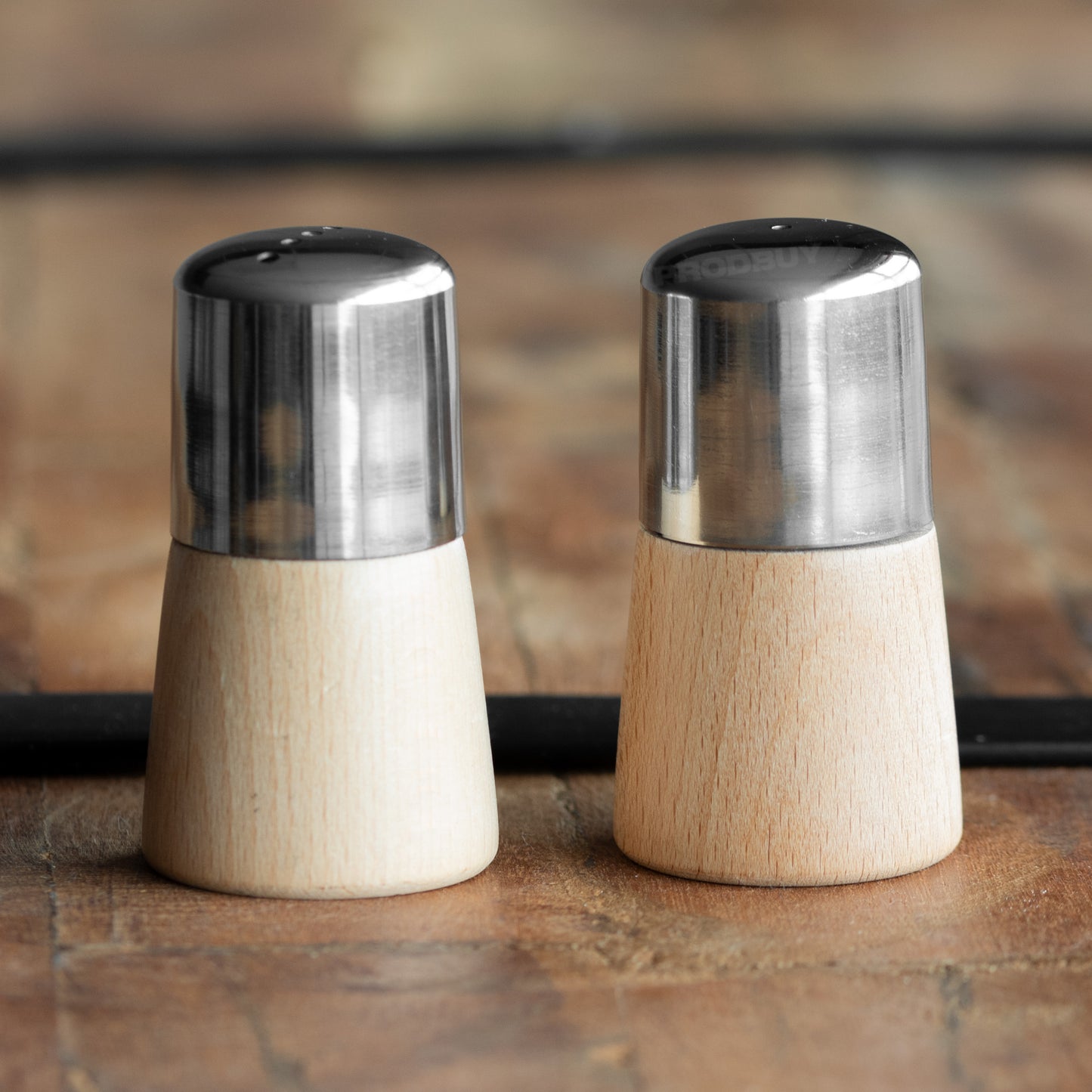 Small Wooden Metal Salt & Pepper Pots Set