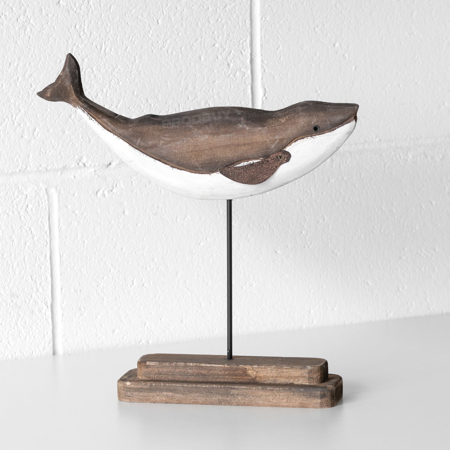 Wooden Brown & White Whale on Plinth Ornament