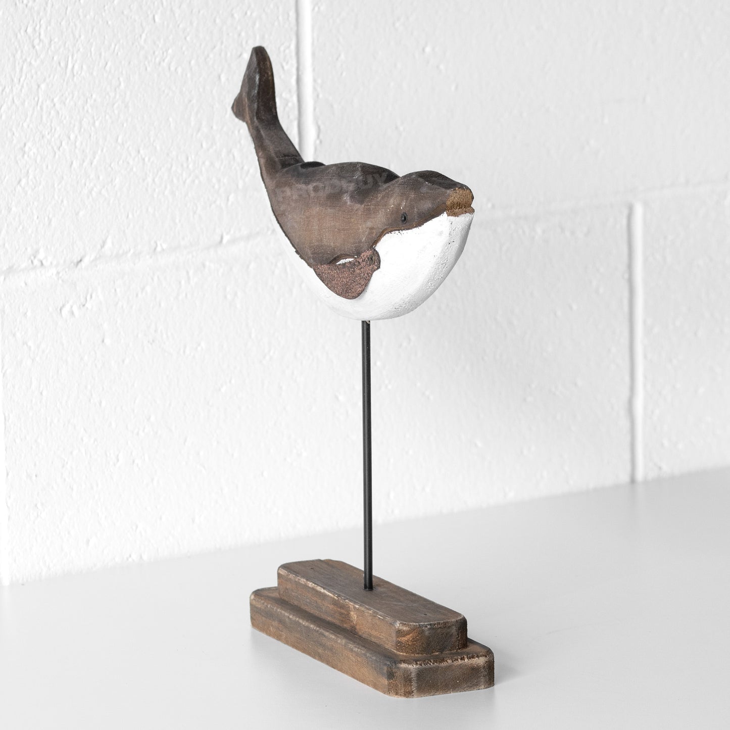 Wooden Brown & White Whale on Plinth Ornament