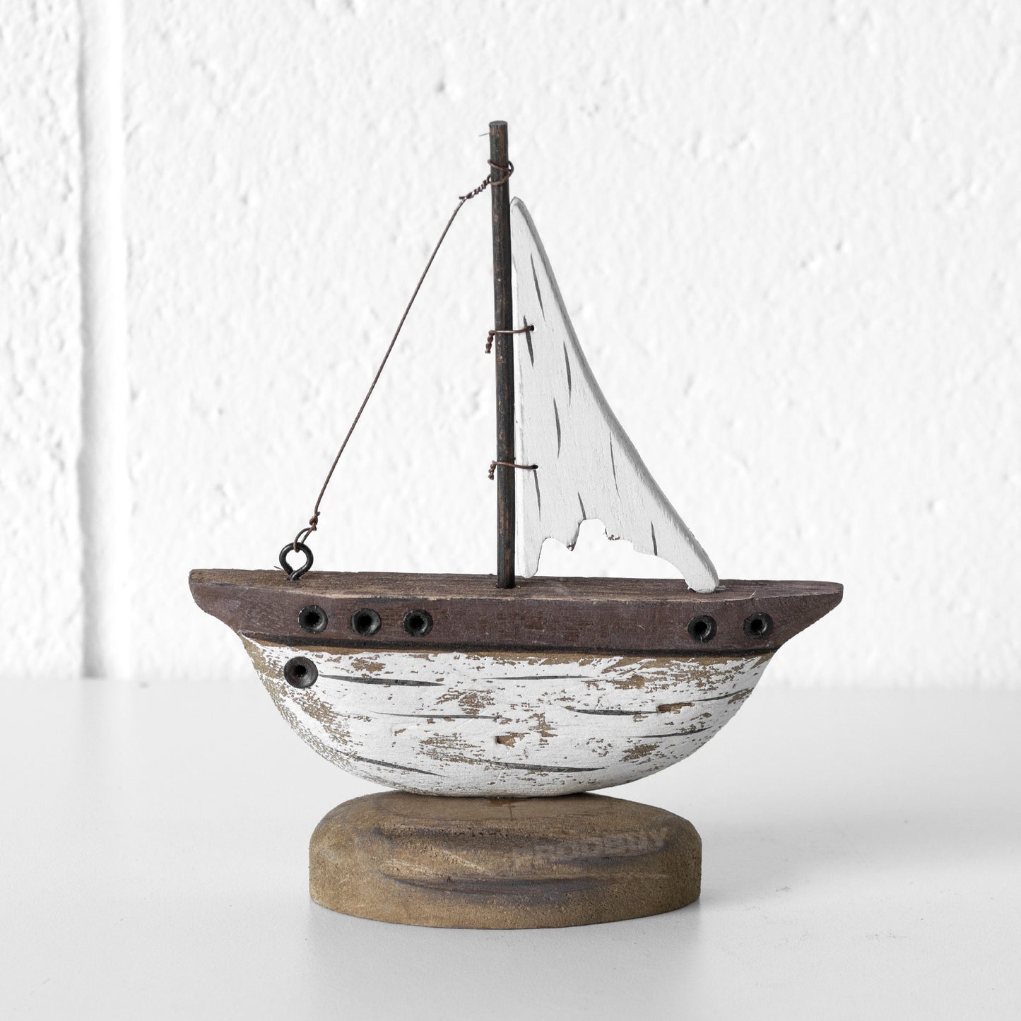 Small Rustic Wooden Brown & White Sailing Boat
