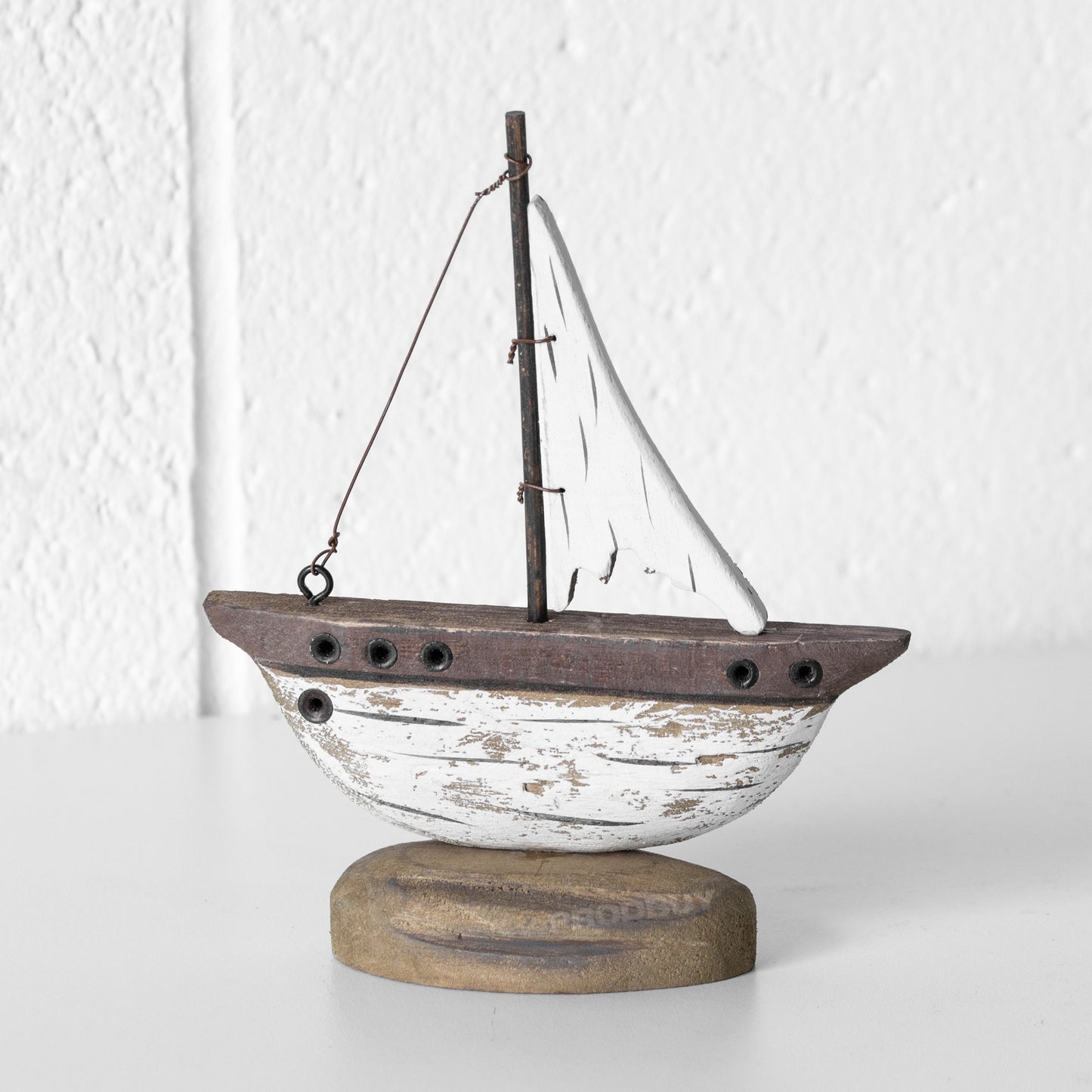 Small Rustic Wooden Brown & White Sailing Boat
