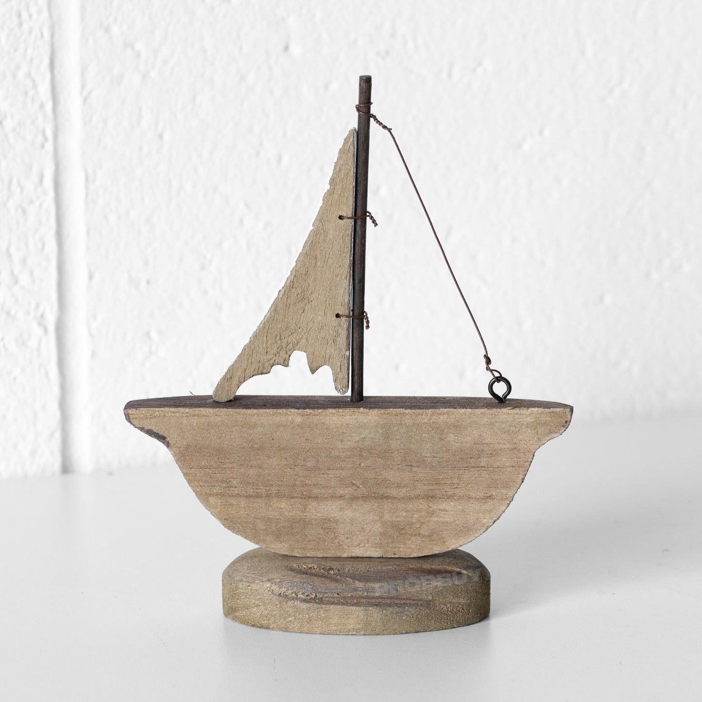 Small Rustic Wooden Brown & White Sailing Boat