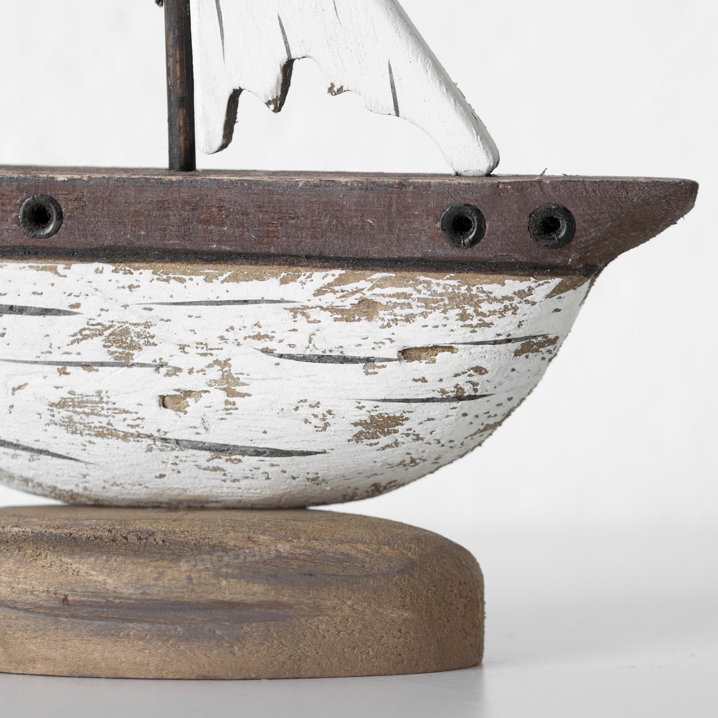 Small Rustic Wooden Brown & White Sailing Boat