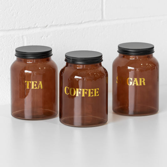 Amber Glass Tea Coffee Sugar Jars with Black Lids
