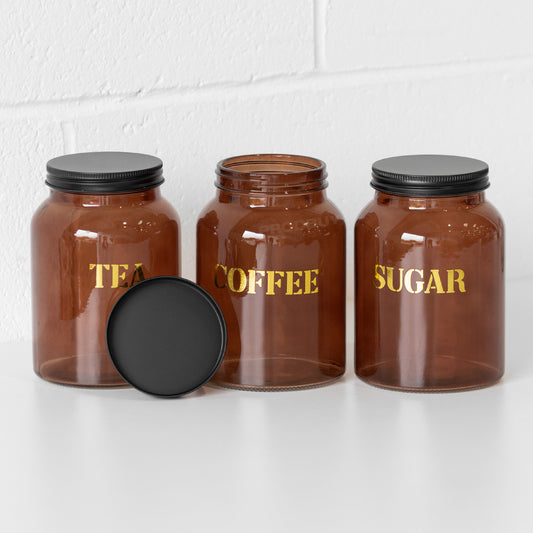 Amber Glass Tea Coffee Sugar Jars with Black Lids