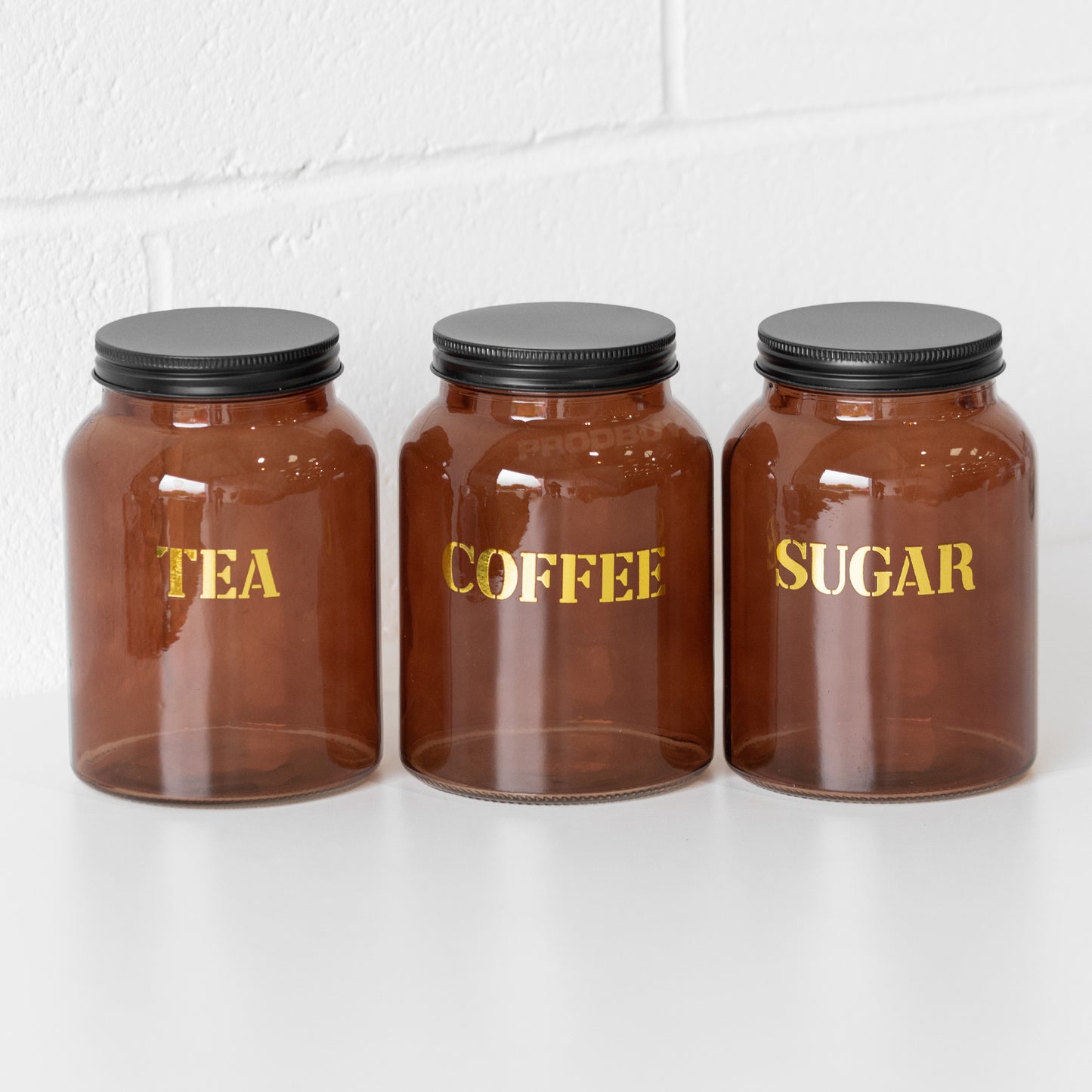 Amber Glass Tea Coffee Sugar Jars with Black Lids