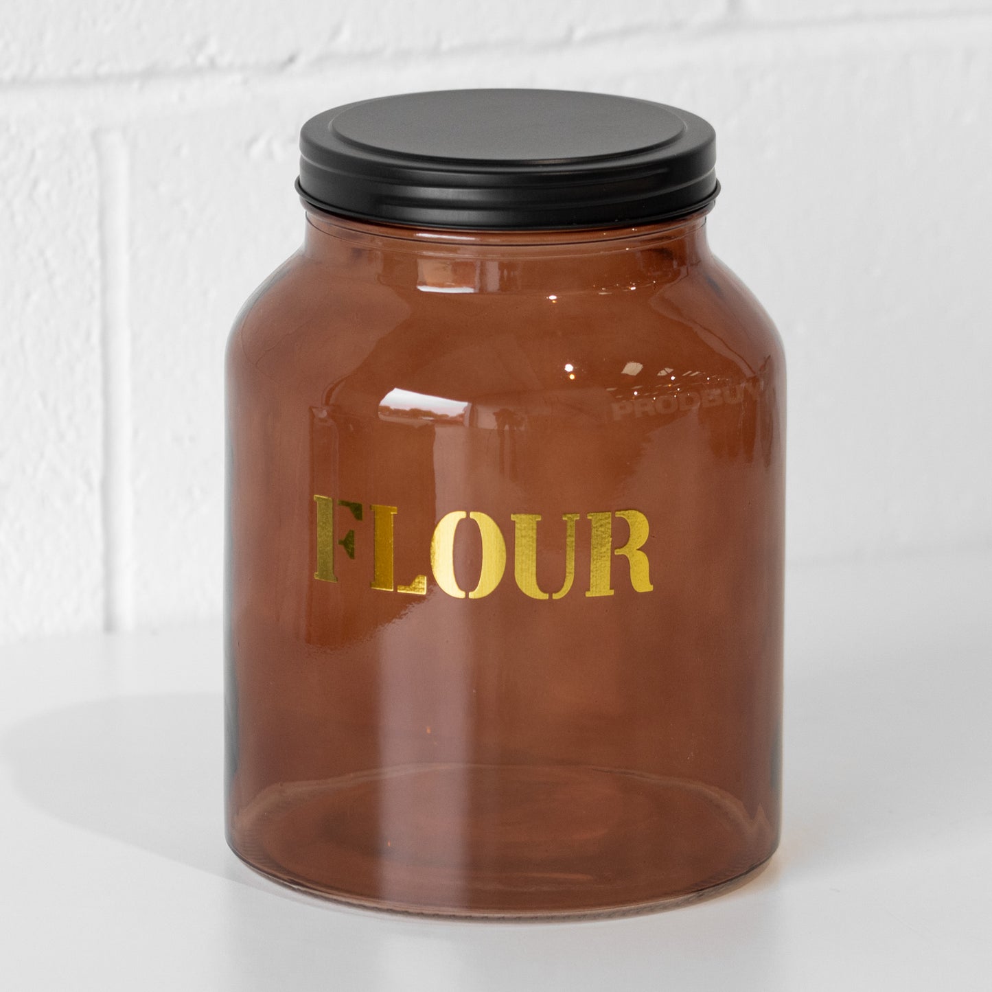 Amber Glass 'Flour' Storage Jar with Black Lid