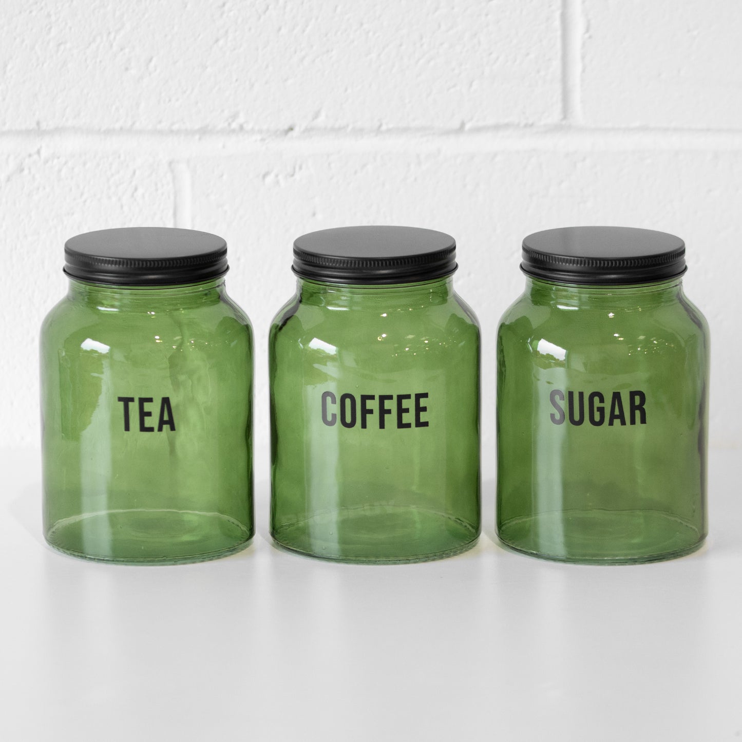 Set of 3 Green Glass 'Tea Coffee Sugar' Storage Jars