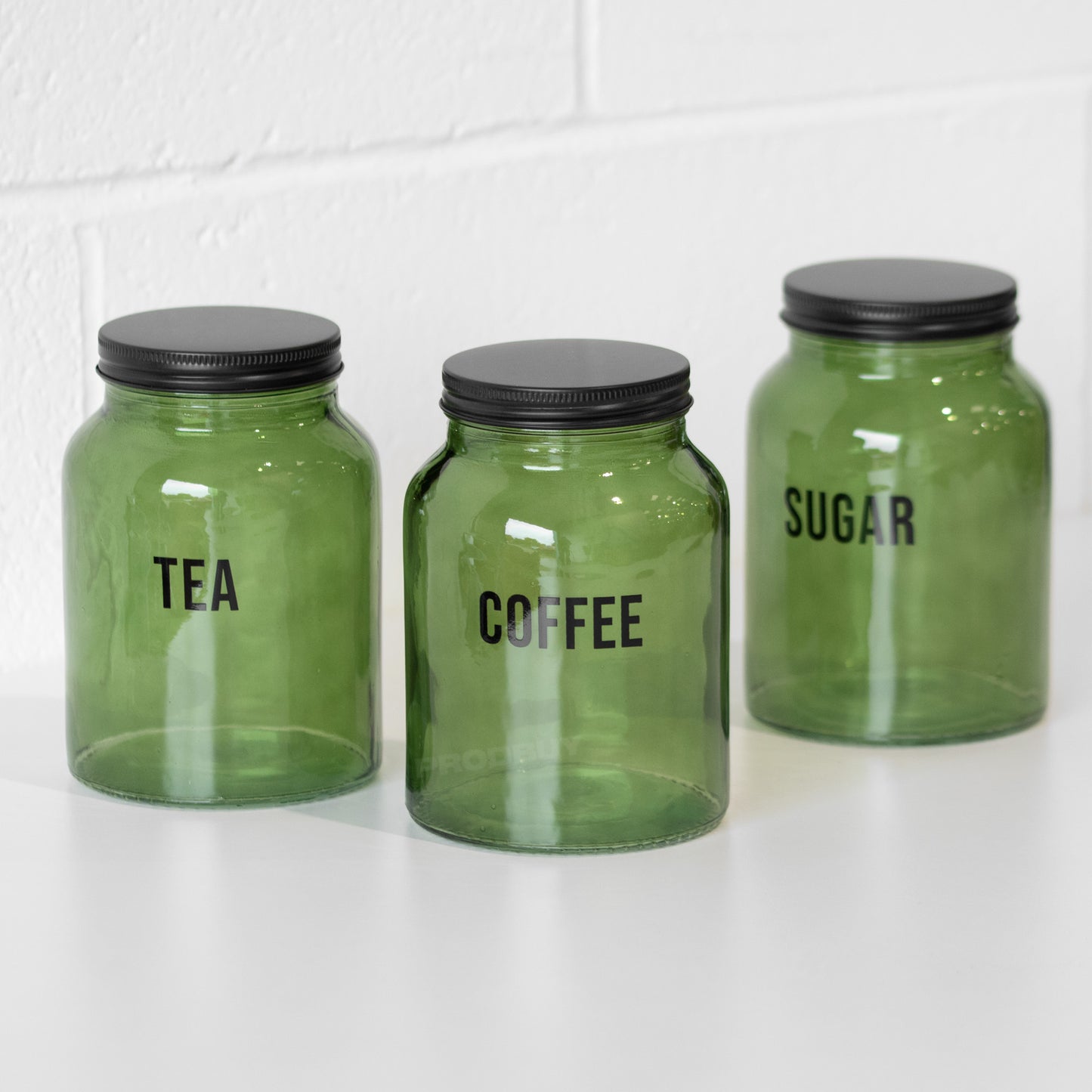 Set of 3 Green Glass 'Tea Coffee Sugar' Storage Jars