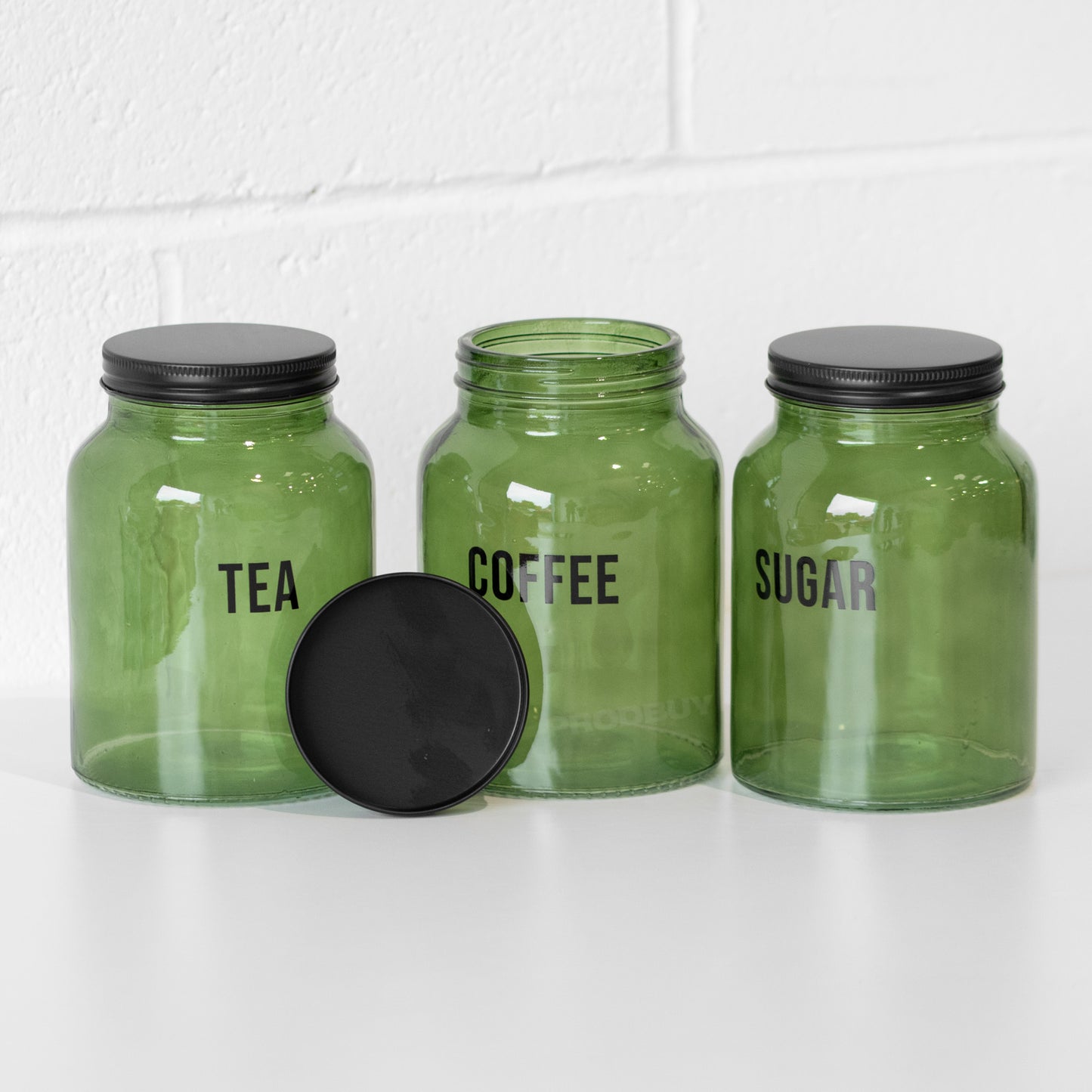 Set of 3 Green Glass 'Tea Coffee Sugar' Storage Jars