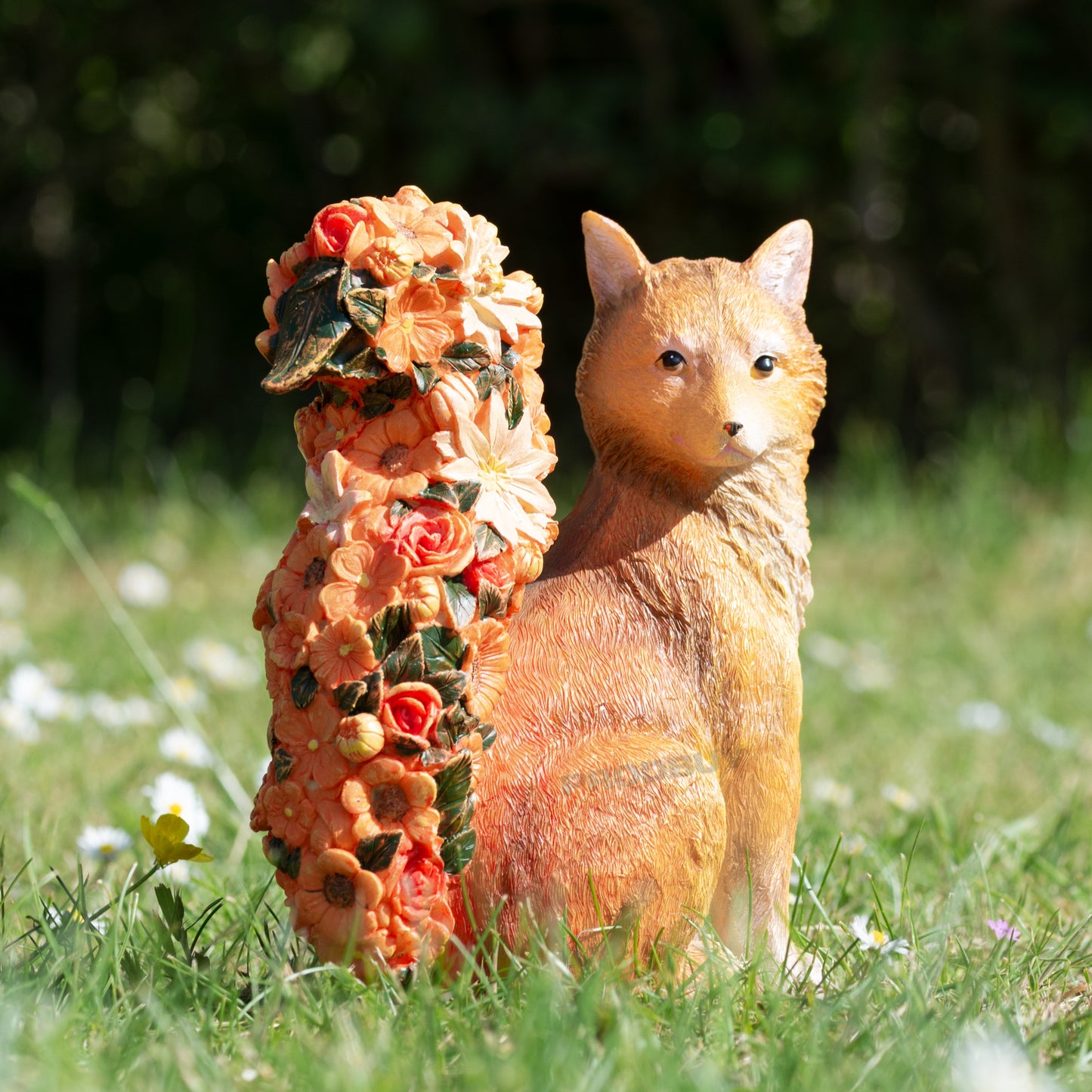Orange Fox with Floral Tail Garden Ornament