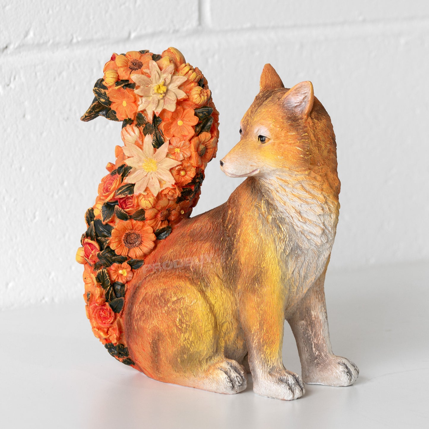Orange Fox with Floral Tail Garden Ornament