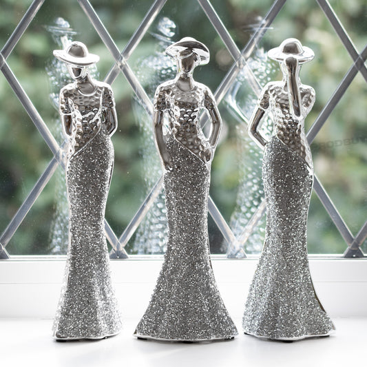 Set of 3 Elegant Lady Figures 30cm Tall Ornaments