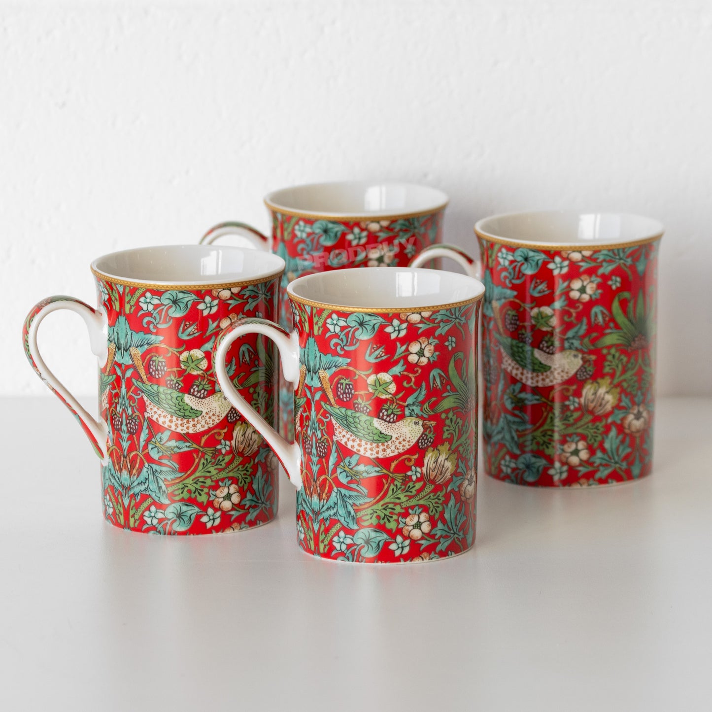 Set of 4 Red Floral 'Strawberry Thief' Coffee Mugs