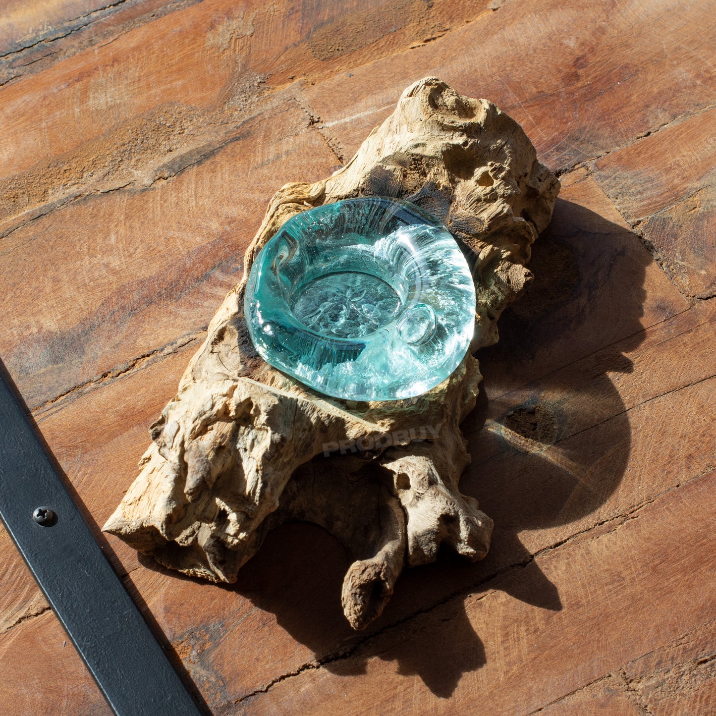 Molten Glass Tealight Candle Holder on Teak Root Wood