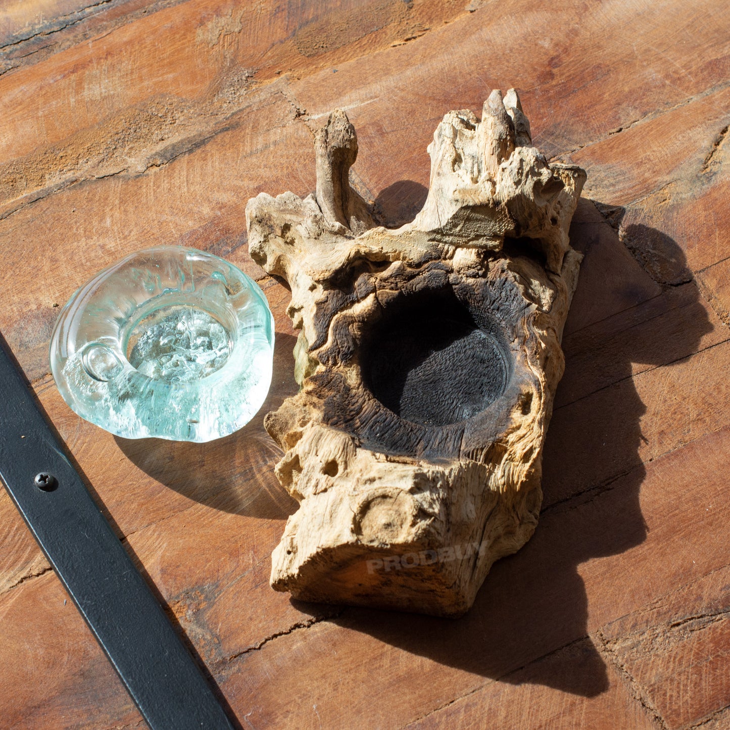 Molten Glass Tealight Candle Holder on Teak Root Wood