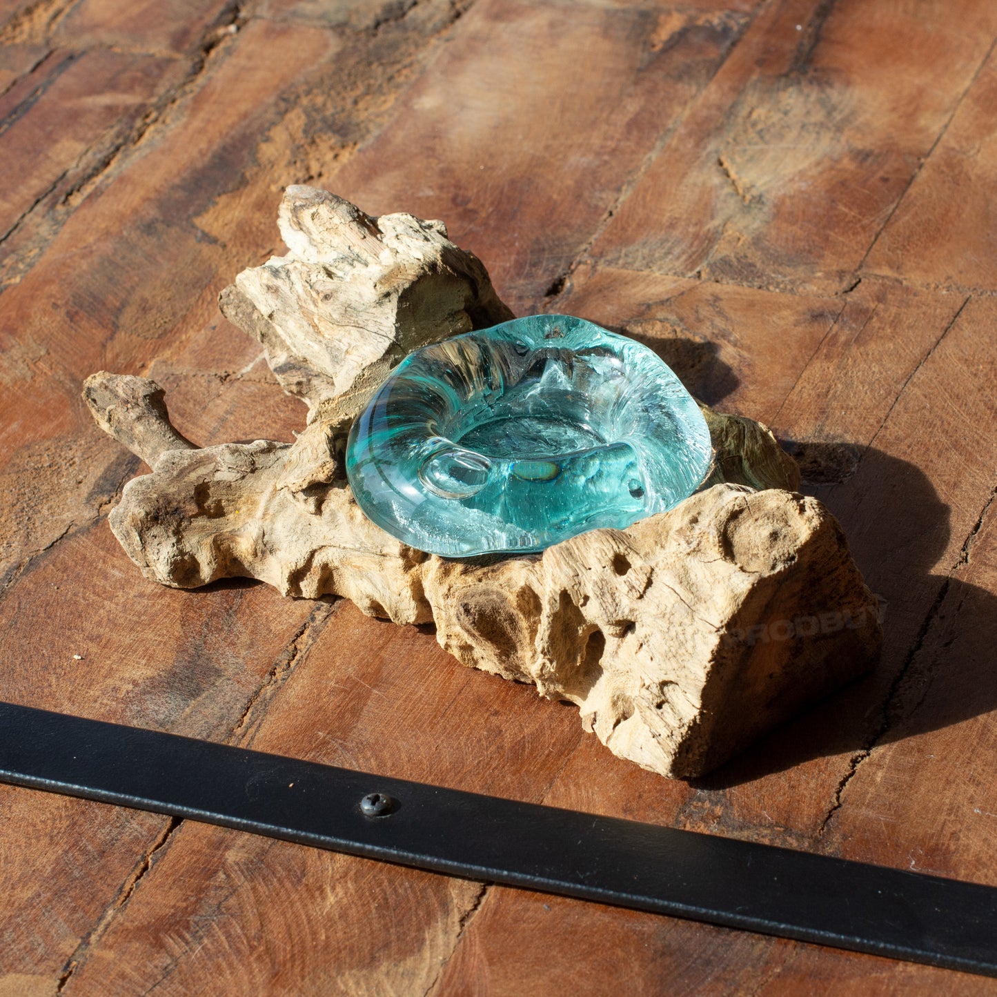 Molten Glass Tealight Candle Holder on Teak Root Wood