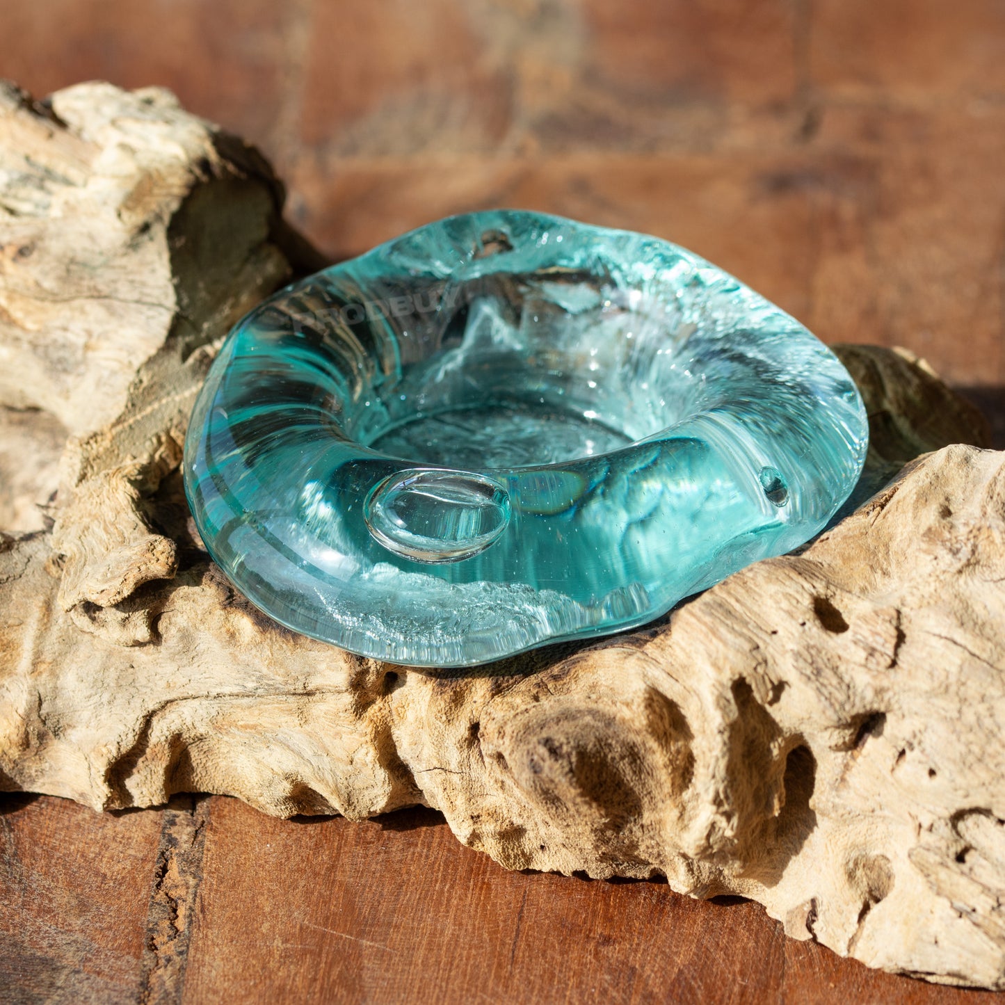 Molten Glass Tealight Candle Holder on Teak Root Wood