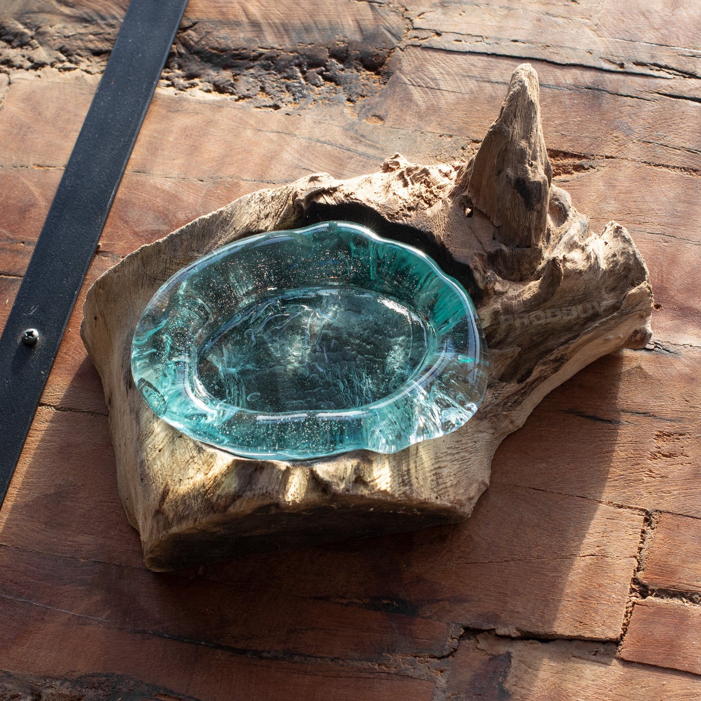 Molten Glass Oval Soap Dish on Teak Root Wood Base