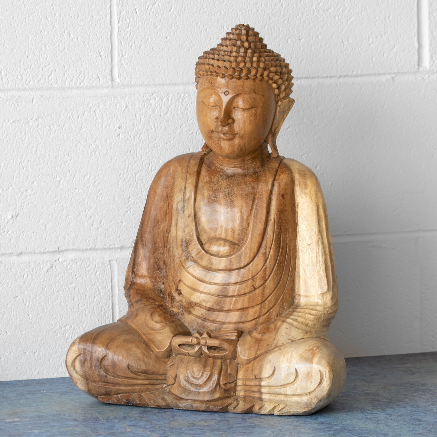 Large Solid Wooden Sitting Buddha Ornament