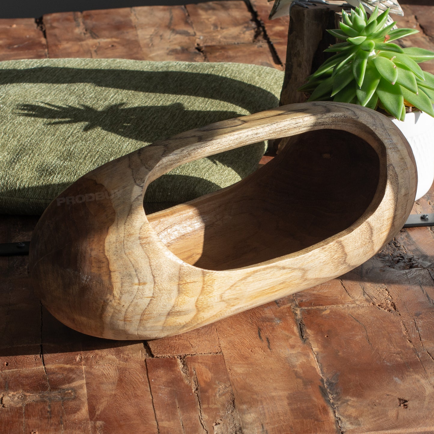 Teak Root Smooth Wood Long Trug 39cm Hand Carved
