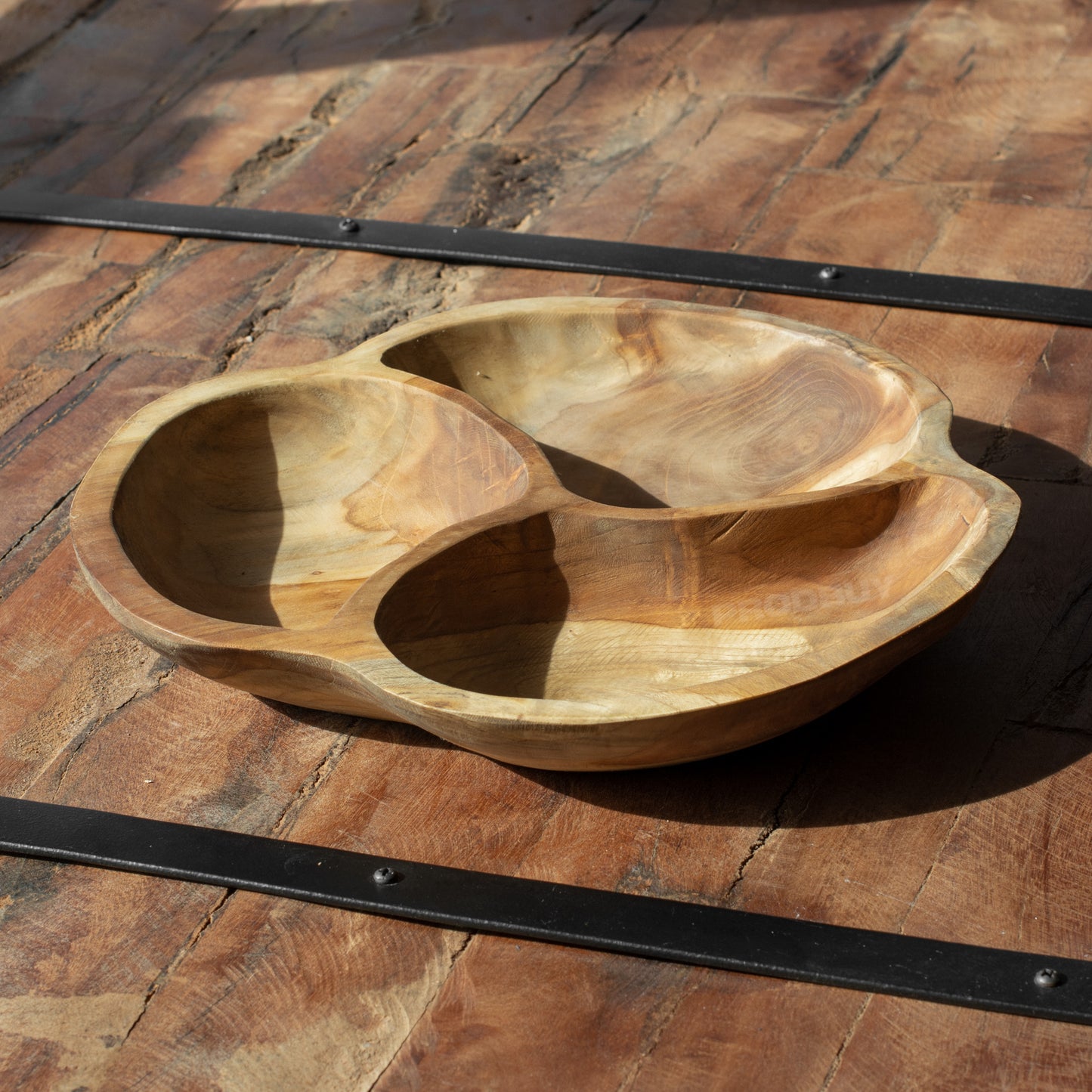 Teak Root Wood 3 Section Hand Carved Serving Bowl