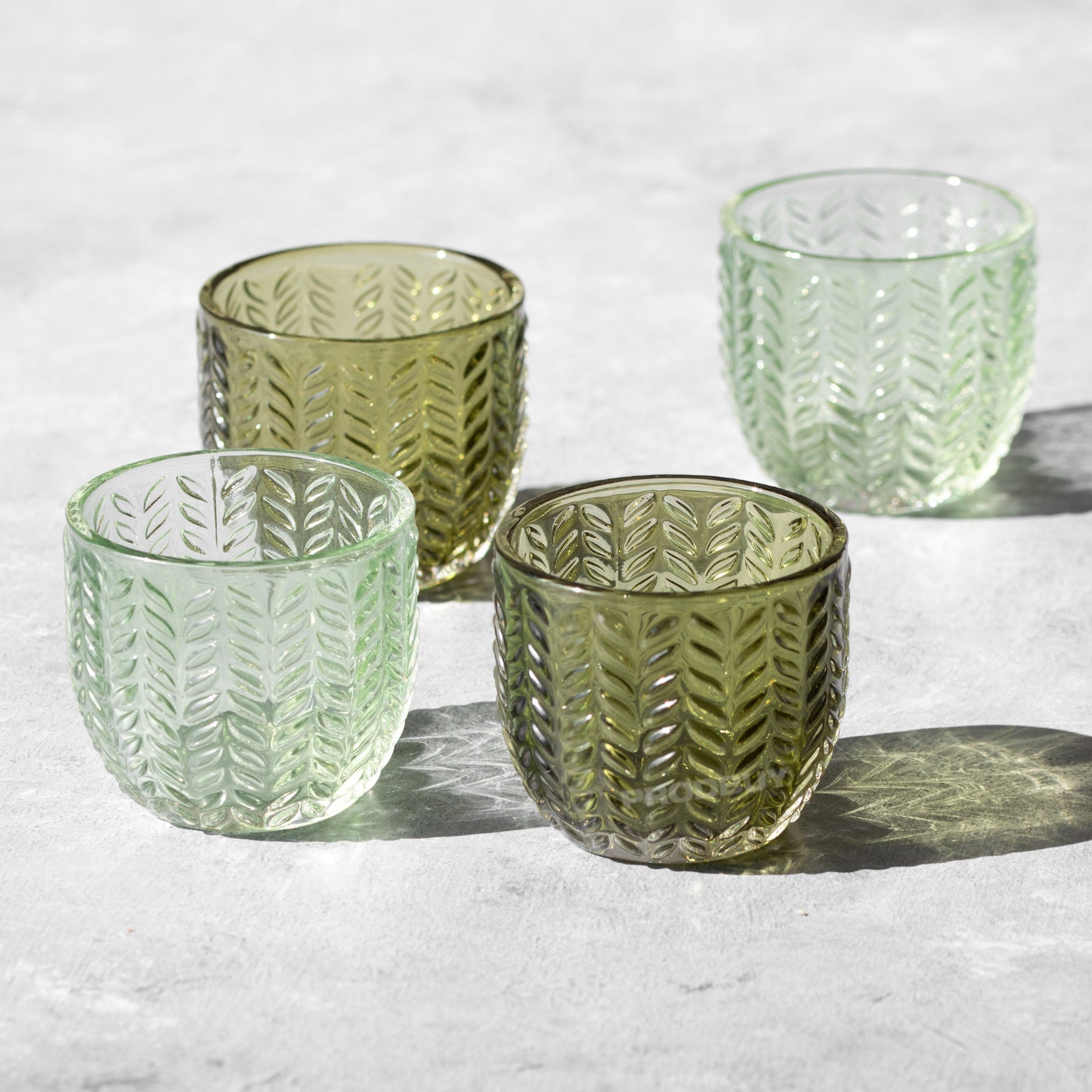 Set of 4 Floral Green Glass Tea Light Holders