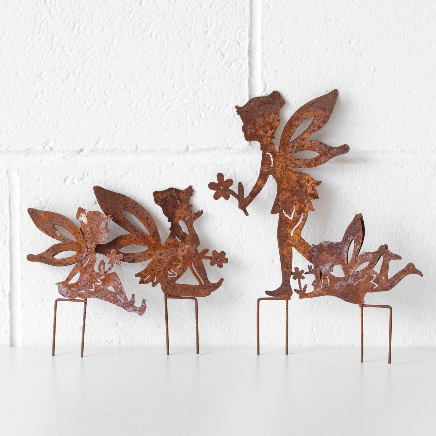 Set of 4 Fairies Rusty Metal Fairy Garden Stake Silhouettes