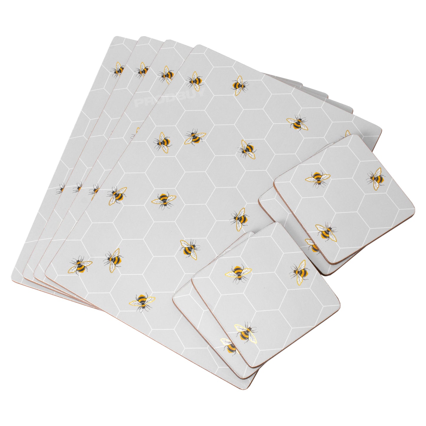 Set of Grey Busy Bees 4 Placemats & 4 Coasters
