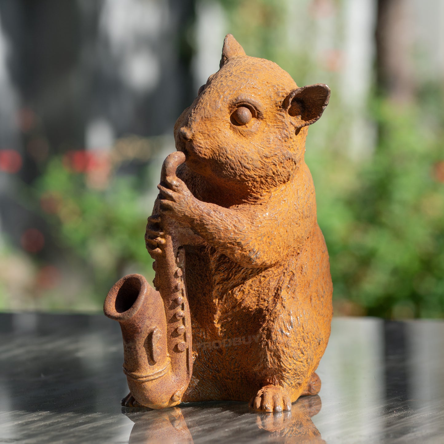 Mouse With Saxophone Rusty Cast Iron Garden Ornament