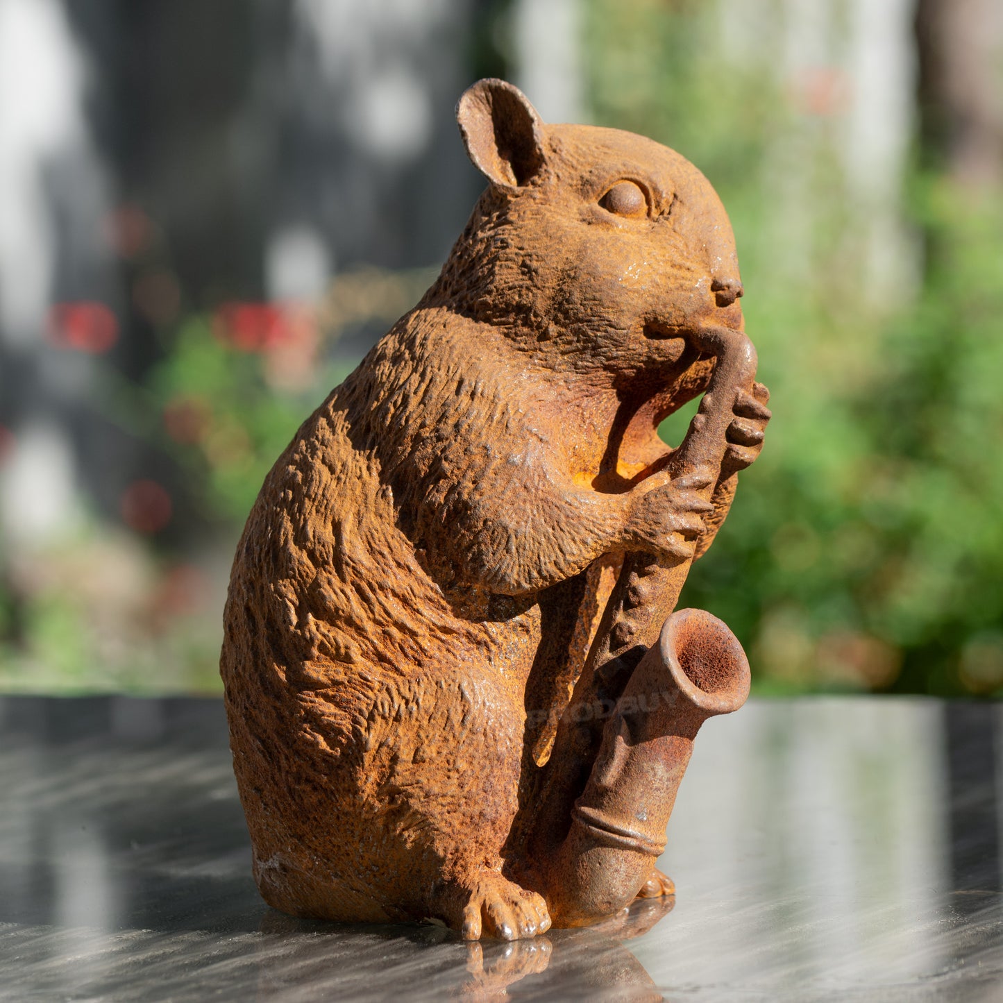 Mouse With Saxophone Rusty Cast Iron Garden Ornament