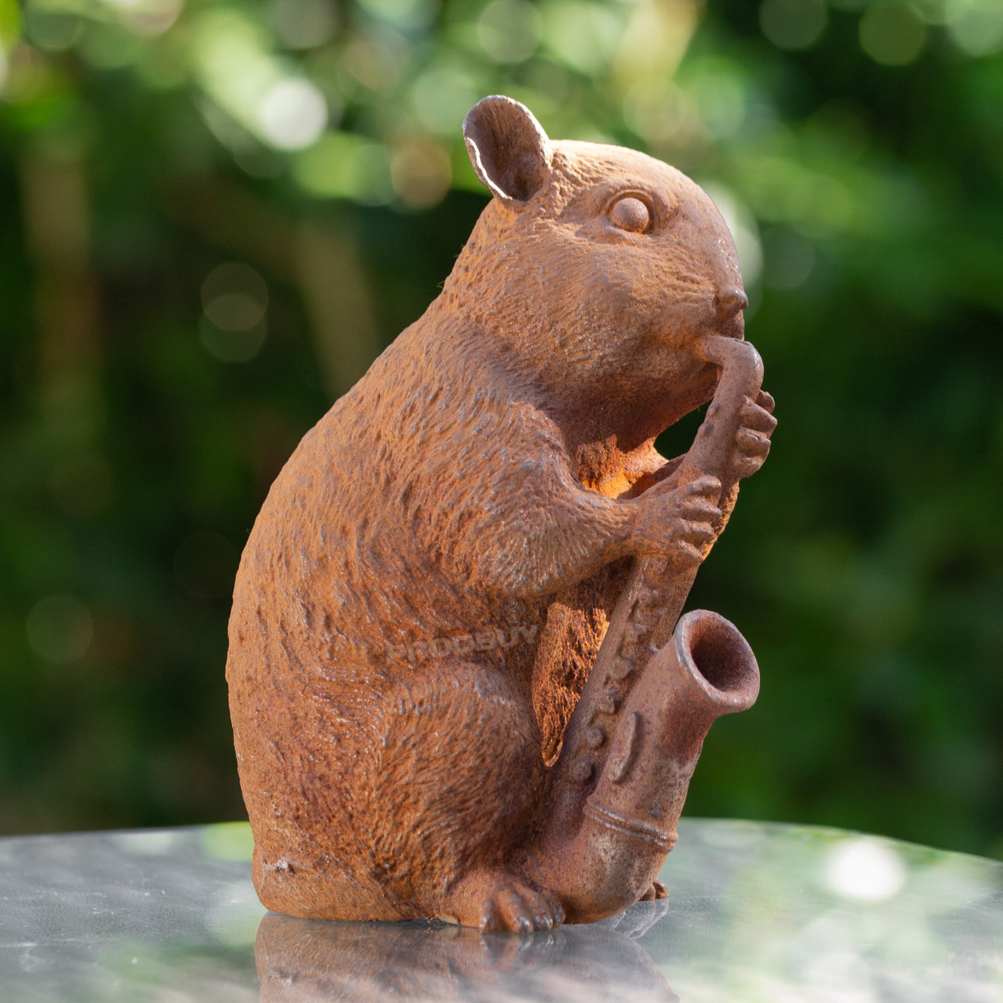 Mouse With Saxophone Rusty Cast Iron Garden Ornament