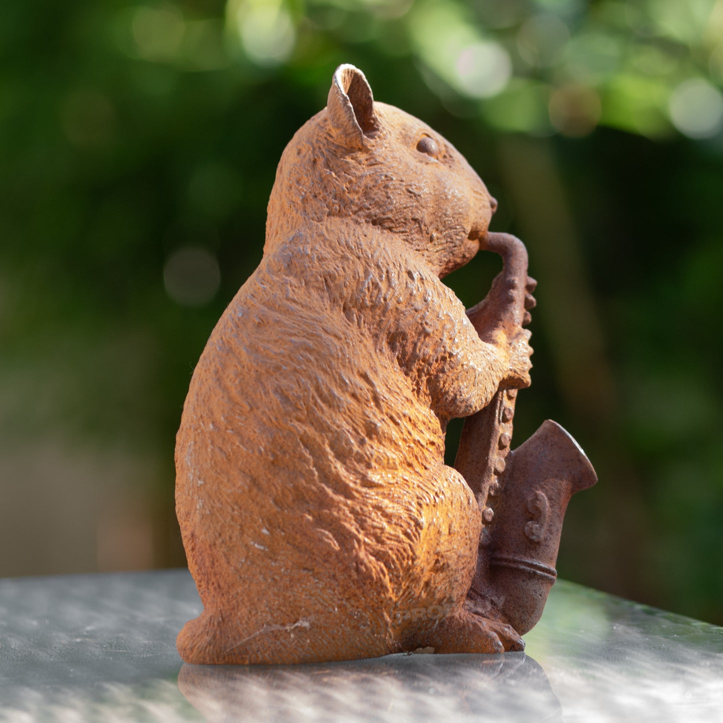 Mouse With Saxophone Rusty Cast Iron Garden Ornament
