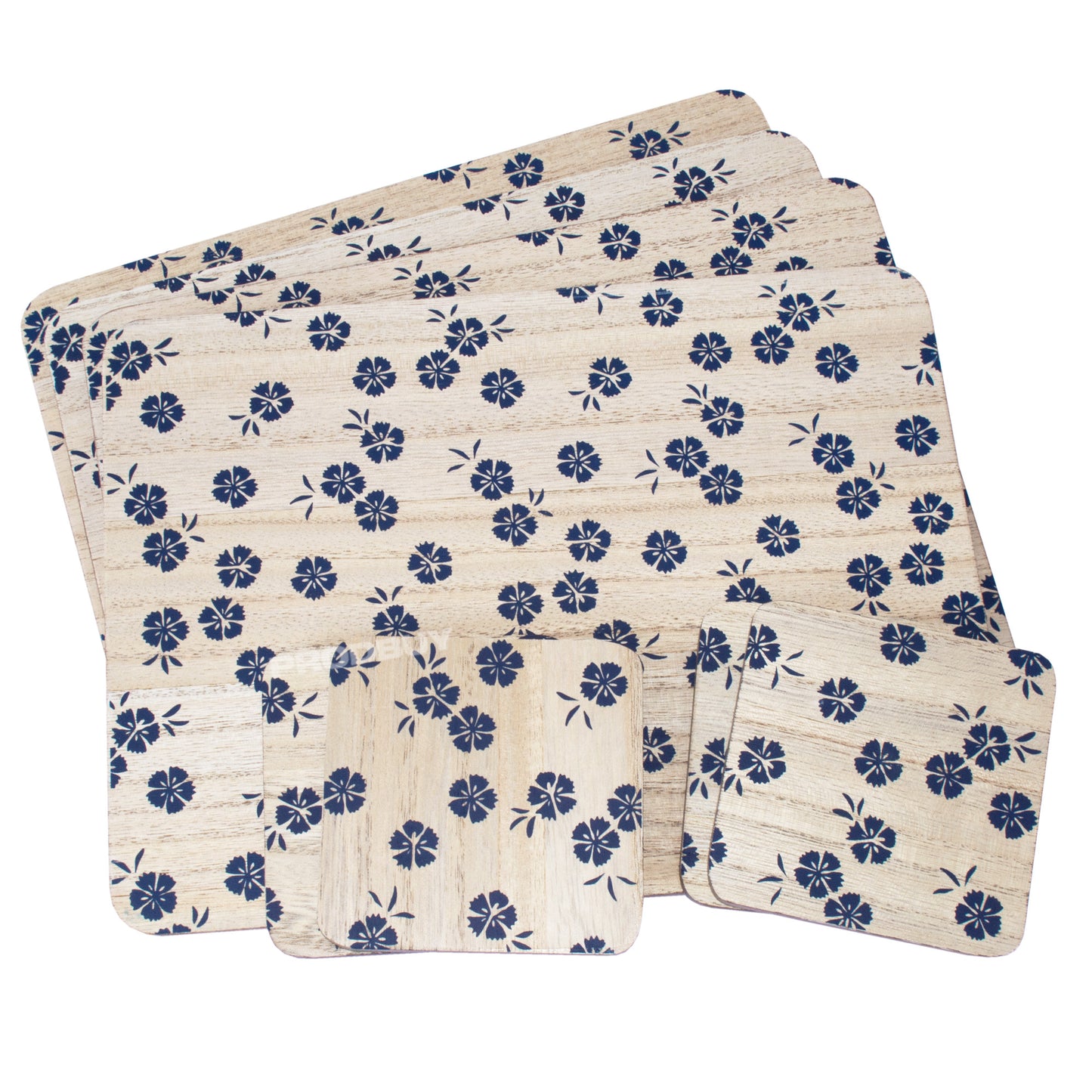 Set of Wooden 4 Placemats & 4 Coasters with Blue Flowers Print