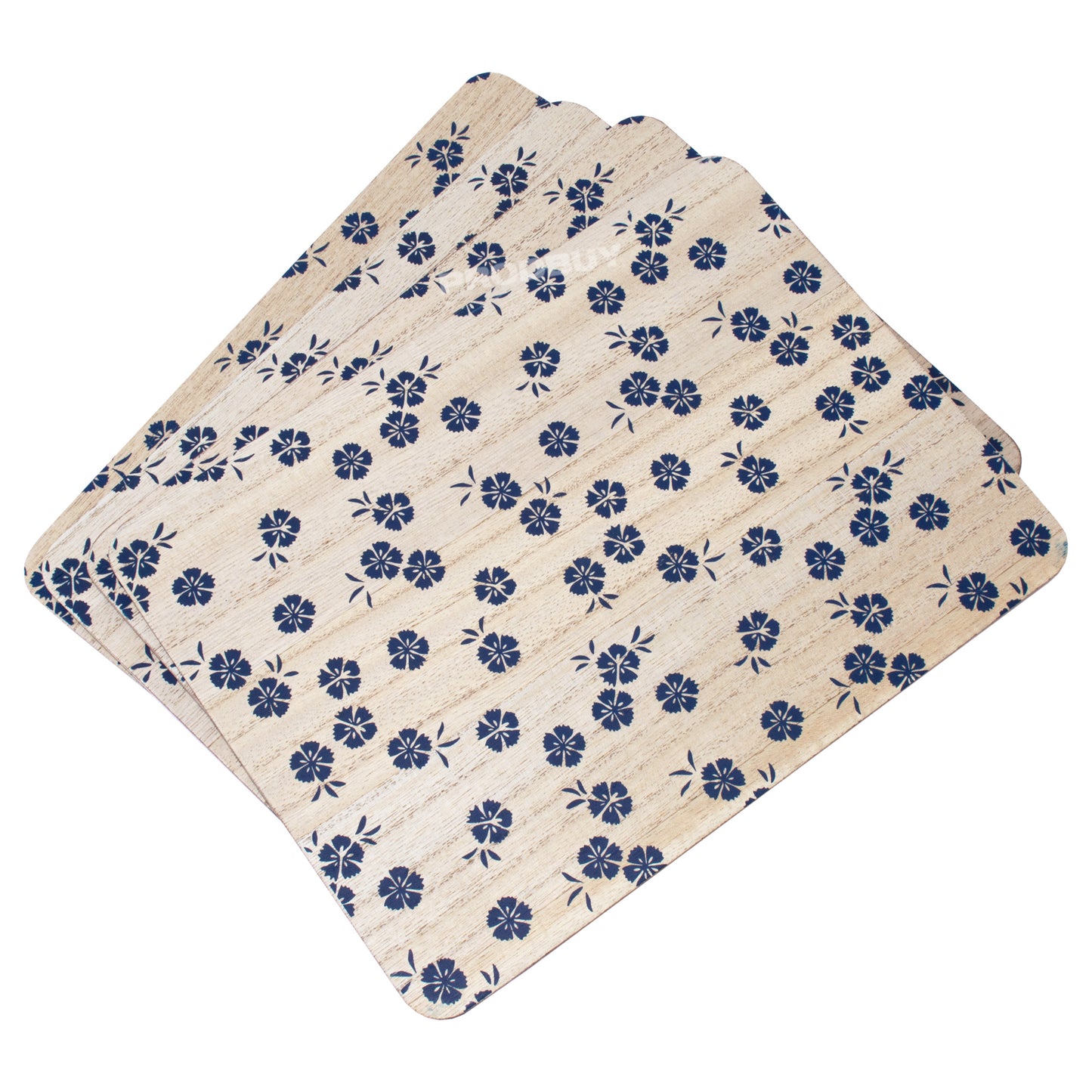 Pack of 4 Wooden Placemats with Blue Flowers Print