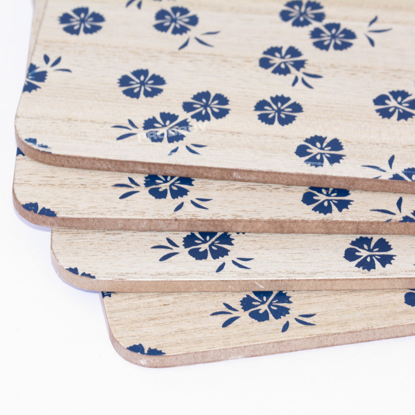 Set of Wooden 4 Placemats & 4 Coasters with Blue Flowers Print