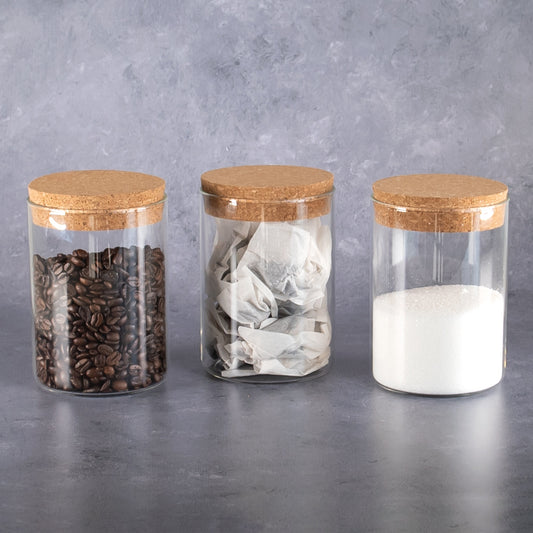Set of 3 Glass Storage Canisters with Cork Lids