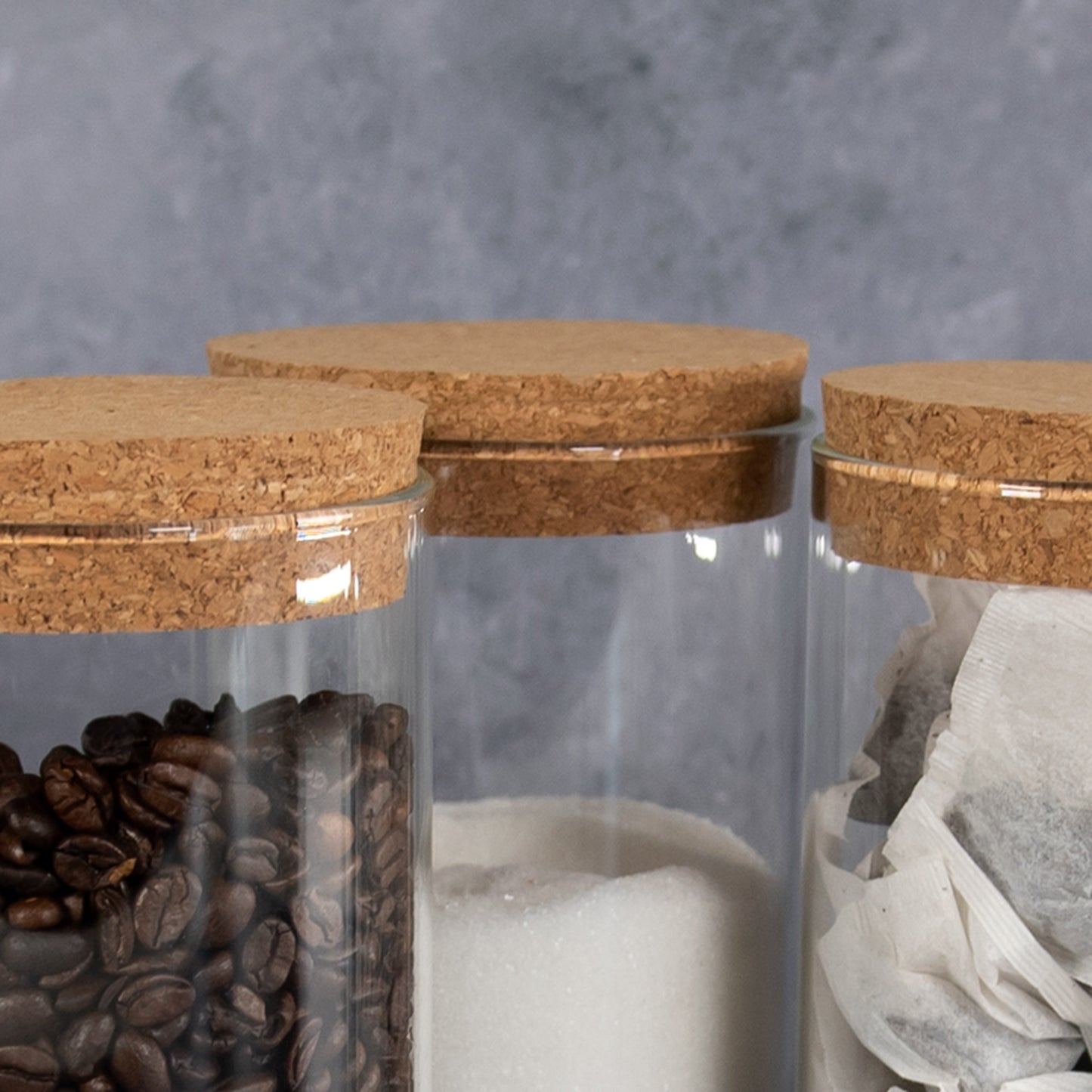 Set of 3 Glass Storage Canisters with Cork Lids