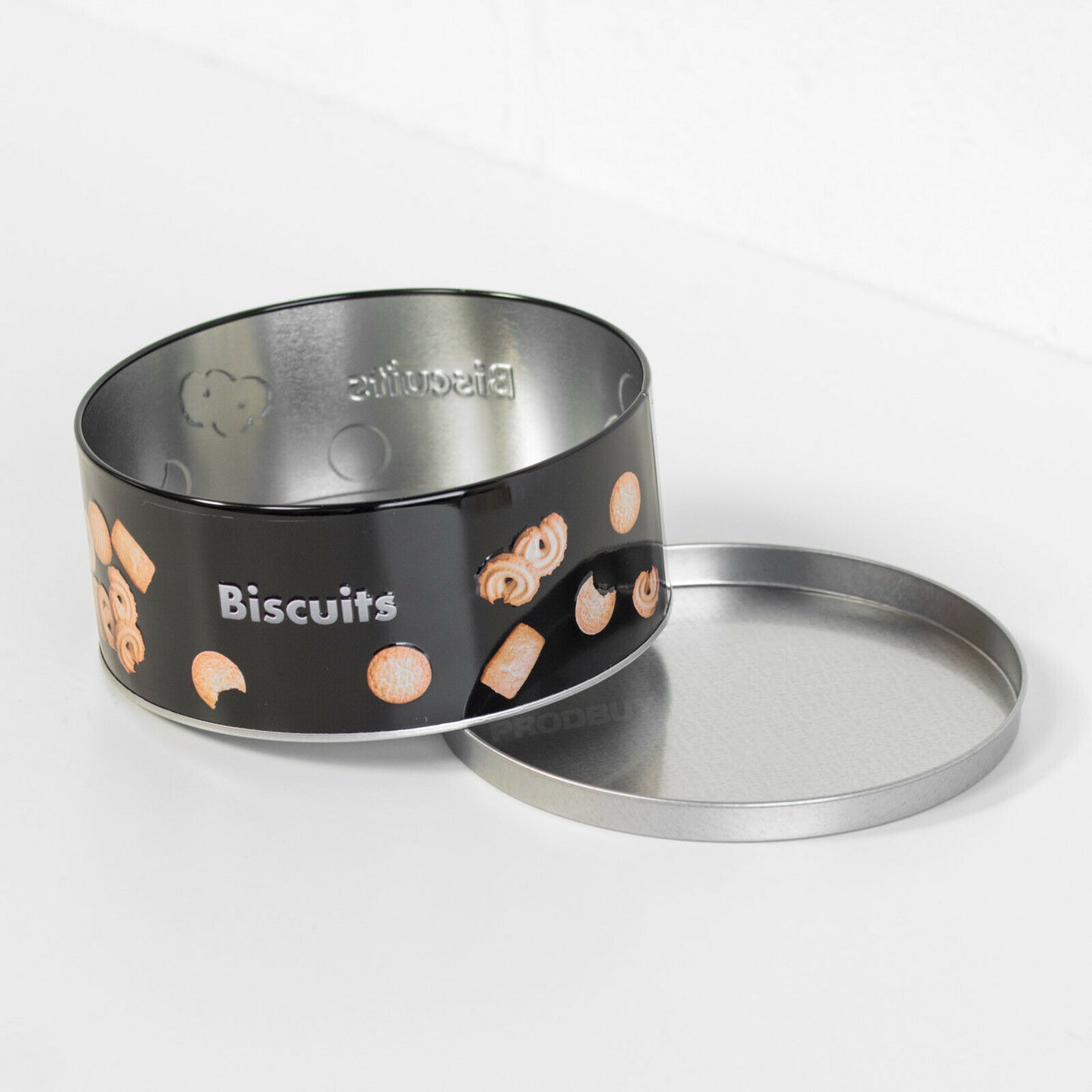Small Round Black Metal Biscuit Storage Tin with Lid Container Cookie Barrel Jar
