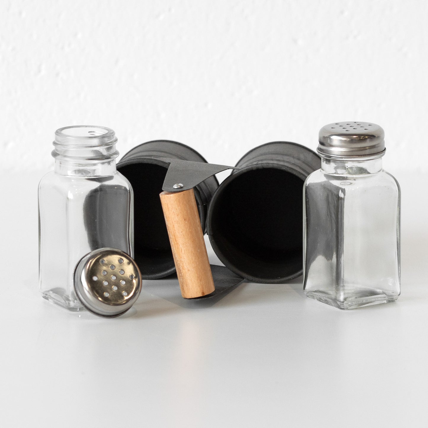 Glass Salt & Pepper Shaker Pots with Metal Caddy