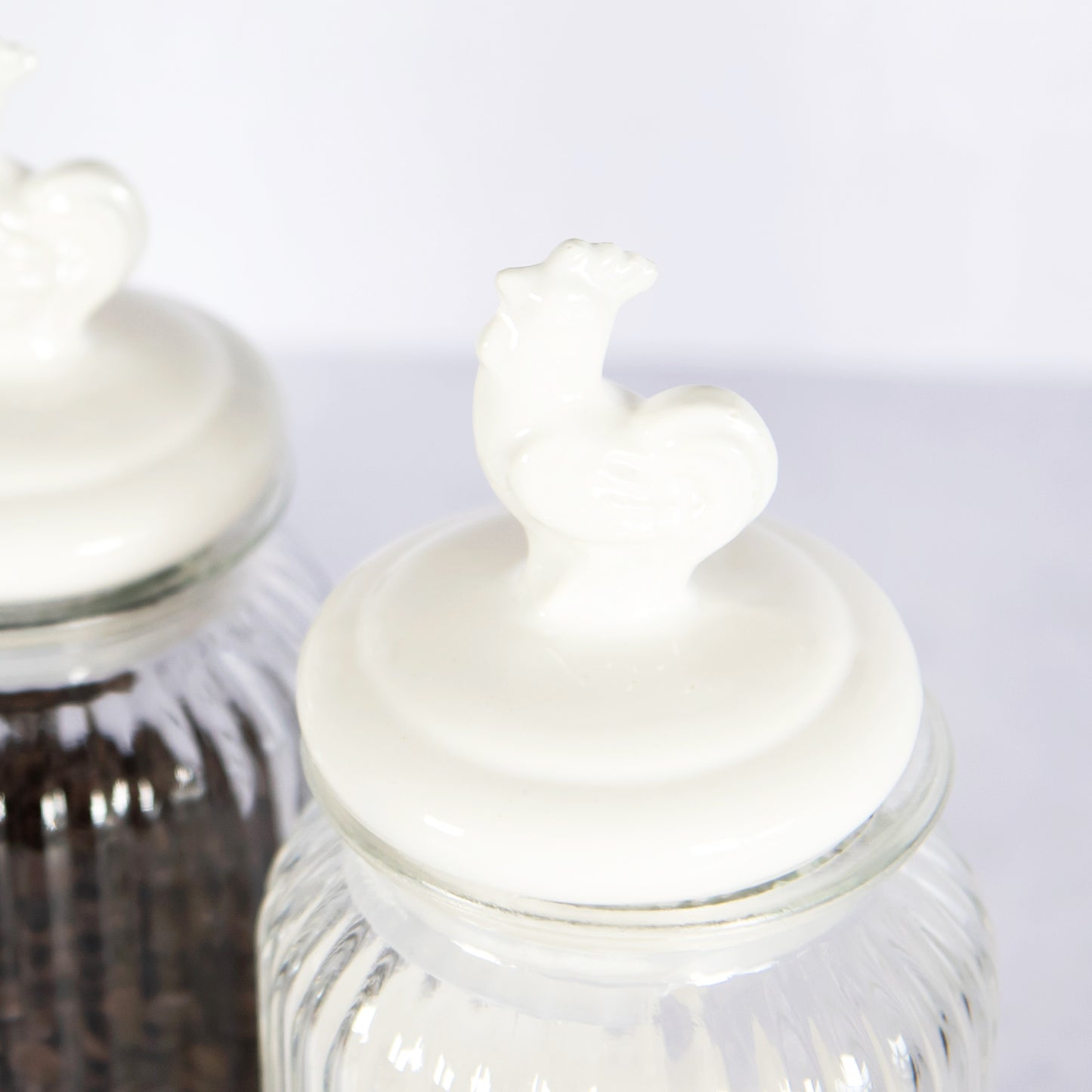 Set of 3 Ribbed Glass Jars with Ceramic Cockerel Lids
