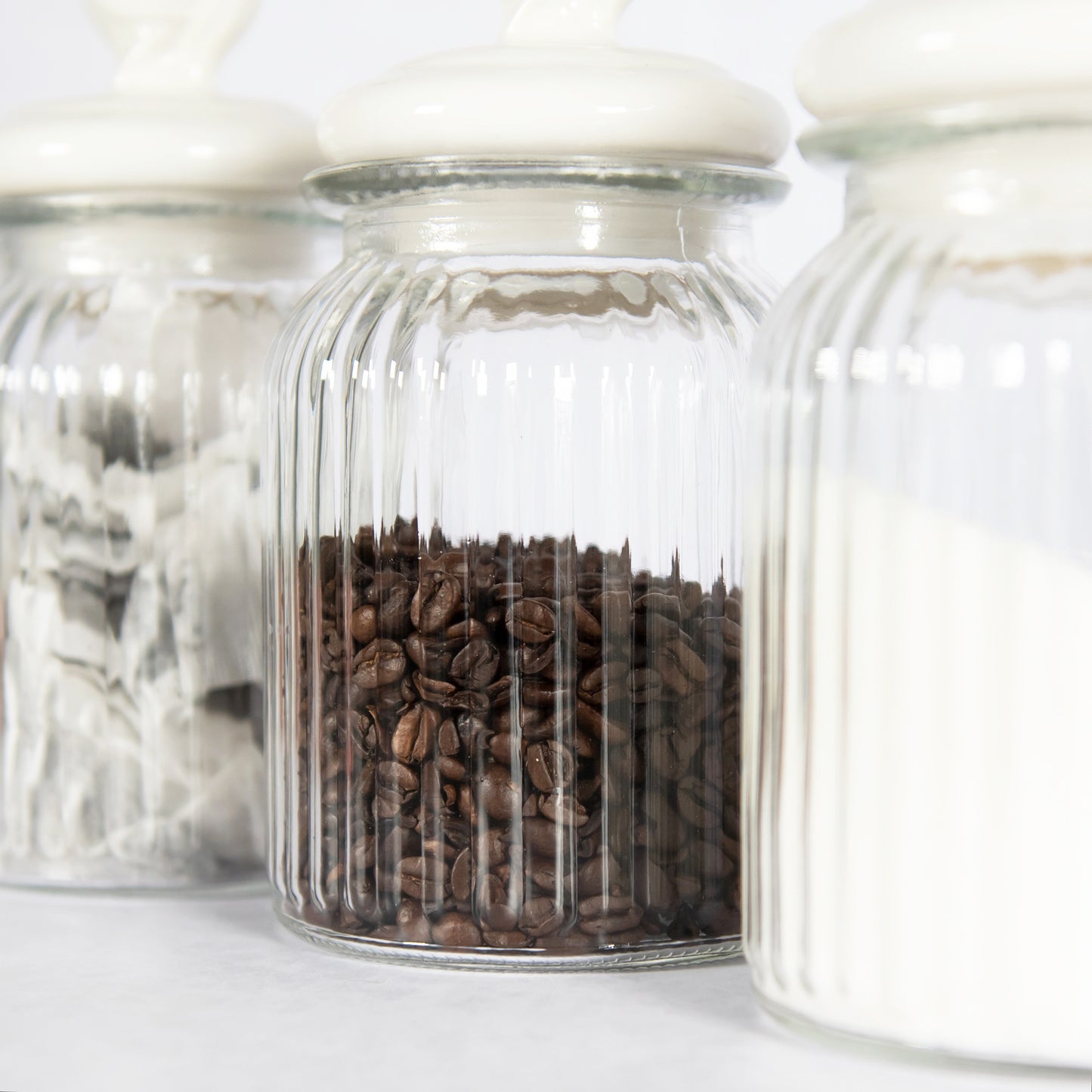 Set of 3 Ribbed Glass Jars with Ceramic Cockerel Lids