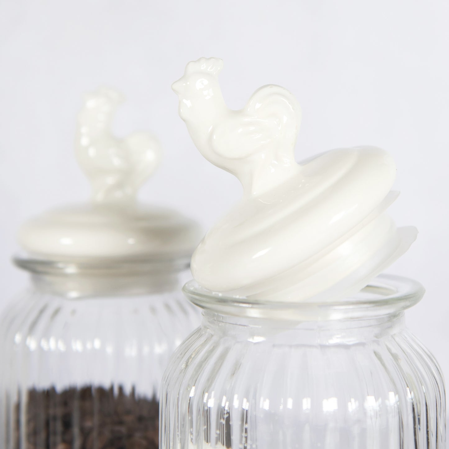 Set of 3 Ribbed Glass Jars with Ceramic Cockerel Lids