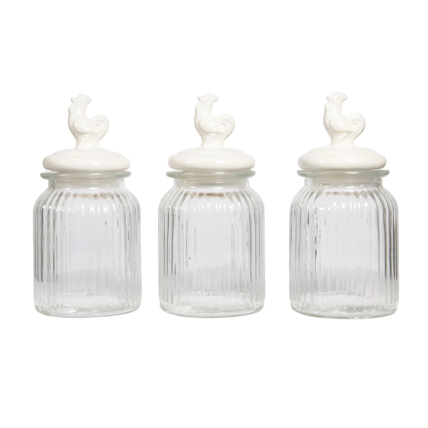 Set of 3 Ribbed Glass Jars with Ceramic Cockerel Lids