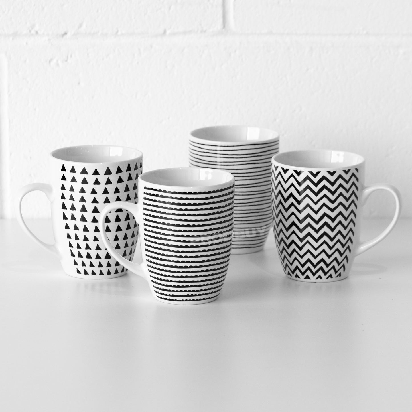 Set of 4 White & Black Pattern Coffee Mugs
