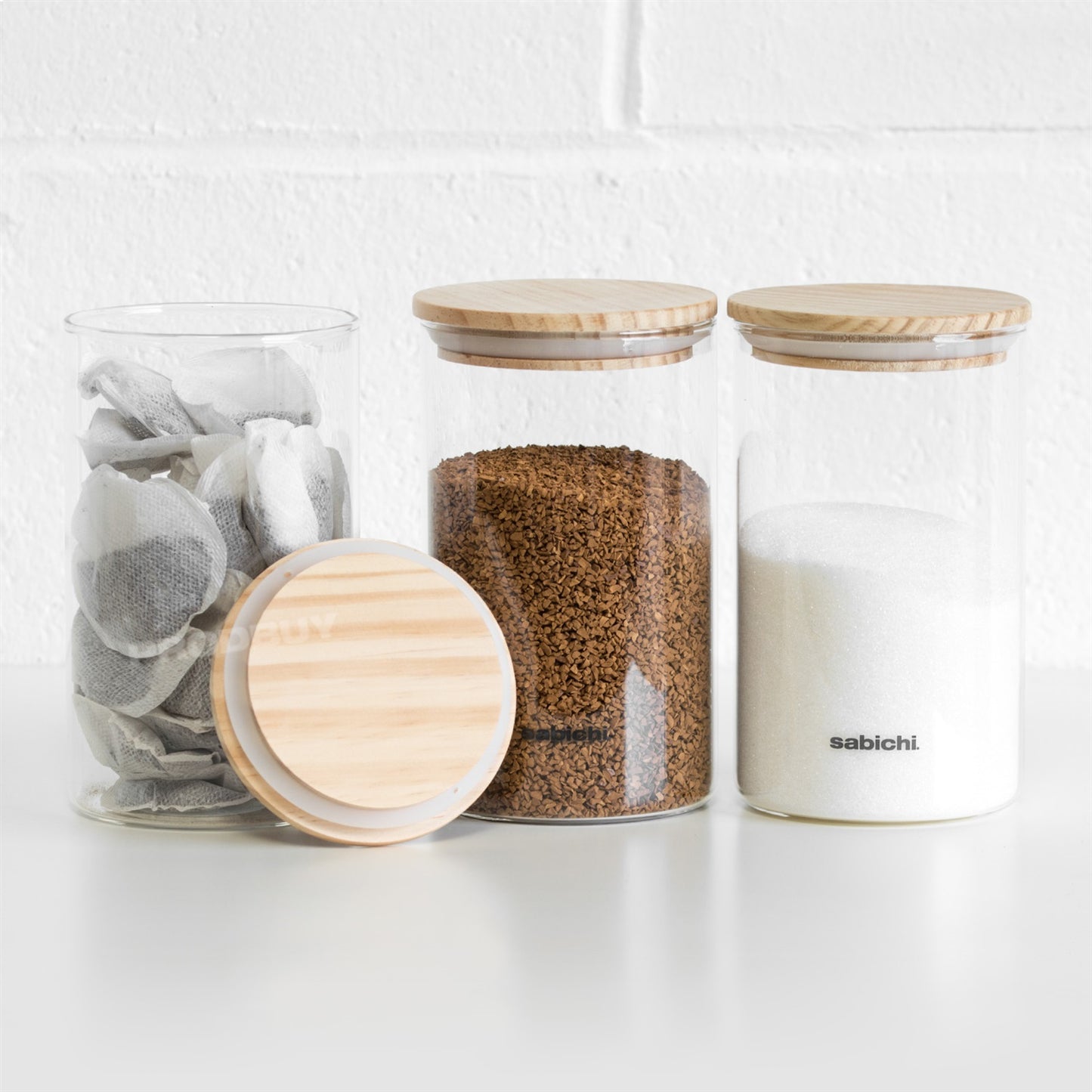Set of 3 Glass 1.2 Litre Storage Jars with Wooden Lids