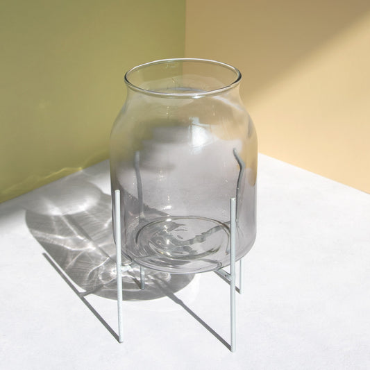 Smokey Grey Glass Vase on Metal Stand